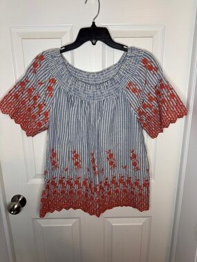 EUC Fever Blue and White Striped Blouse with Coral Embroidery